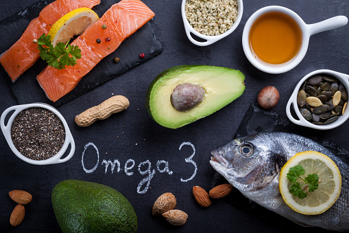 A close up image of foods that contain omega-3s.