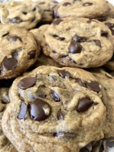 An up close image of homemade vegan chocolate chip cookies