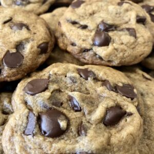An up close image of homemade vegan chocolate chip cookies