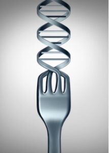 An up close image of a fork and DNA helix.