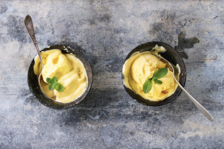 An up close image of dairy-free mango ice cream