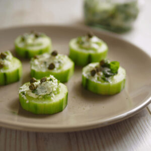 An up close image of cucumber tuna bites