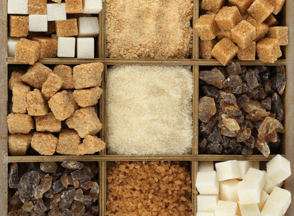 A close up image of different types of sugar