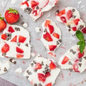 An aerial image of pieces of chocolate and strawberry yogurt bark