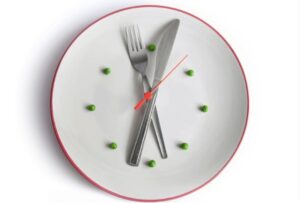 An up close image of a plate with a fork and knife acting as hands on a clock with peas as the numbers of the clock