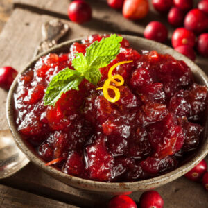 An up close image of homemade maple cranberry sauce