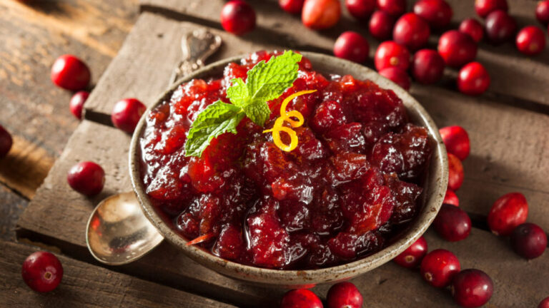 An up close image of homemade maple cranberry sauce
