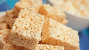 An up close image of peanut butter rice krispy treats