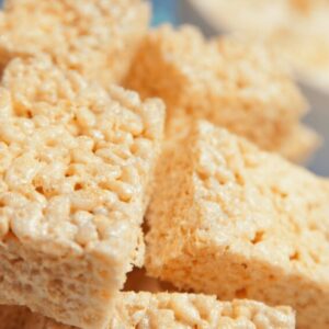 An up close image of peanut butter rice krispy treats