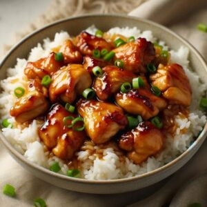 A delectable bowl of Asian-style caramelized chicken thigh pieces over a bed of fluffy white rice. The chicken has a light golden-brown hue indicating a gentle caramelization, coated in a glossy sauce, and sprinkled with vibrant green onions for garnish. The dish is presented in a rustic ceramic bowl, resting on a textured linen tablecloth in neutral tones, which contributes to the home-cooked meal's inviting and comforting appearance.