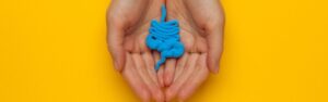 An image displaying a pair of open hands gently cradling a simplified, three-dimensional blue model of the human digestive system against a bright yellow background, symbolizing careful management and support for digestive health, particularly focusing on IBD-related constipation issues.