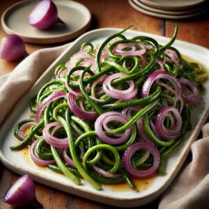 A plate of balsamic sautéed garlic scapes mixed with thinly sliced purple onions. The garlic scapes are bright green, slightly curled, and glistening with a light coating of oil and balsamic vinegar. The purple onions are caramelized, adding a rich color and sweetness to the dish. The scapes and onions are neatly arranged on a white rectangular plate, placed on a rustic wooden table with a beige cloth on the side. In the background, a few whole purple onions and some empty plates add to the homely and inviting setting.